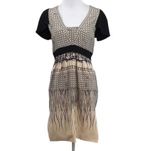 Vena Cava Sheath Dress Womens 2 Cream Blue Patterned Silk Short Flutter Sleeve